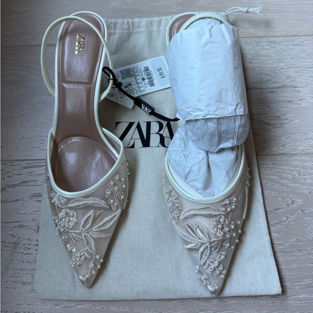 Zara Women's Floral Embroidered Slingback Heels in Cream